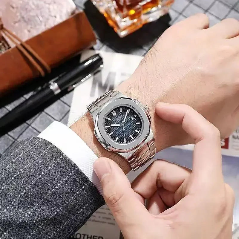 Men’s Big Dial Silver Stainless Steel Quartz Watch – Classic Calendar Wristwatch - TREASURE ESHOP
