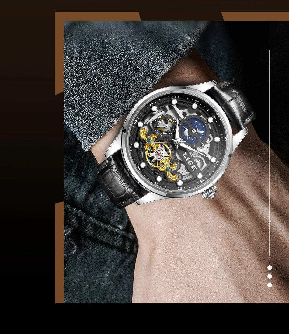 LIGE Men’s Automatic Mechanical Watch – Fashion Waterproof Skeleton Wristwatch - TREASURE ESHOP