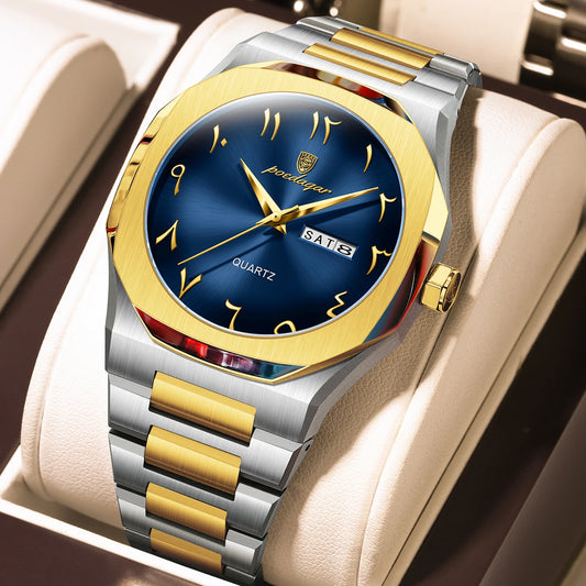 Military Men’s Quartz Watch – Waterproof Stainless Steel Luxury Wristwatch with Week Calendar - TREASURE ESHOP
