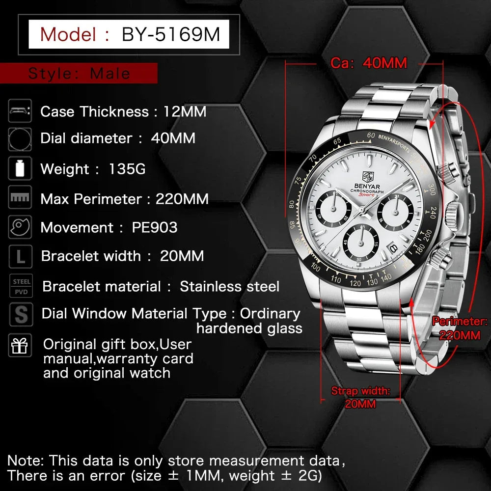 Luxury Men’s Chronograph Sport Watch – Stainless Steel, Waterproof Quartz Wristwatch - TREASURE ESHOP