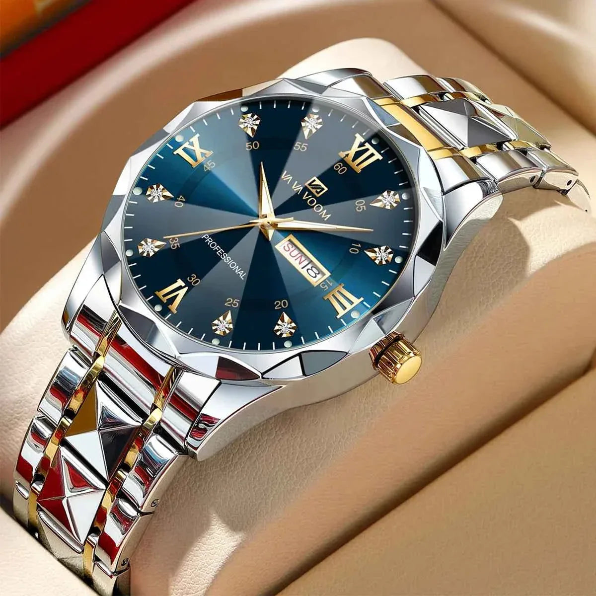 Men’s Water Diamond Luxury Quartz Watch – 41mm Blue Gold Stainless Steel, Night Glow, Double Calendar, Business Watch
