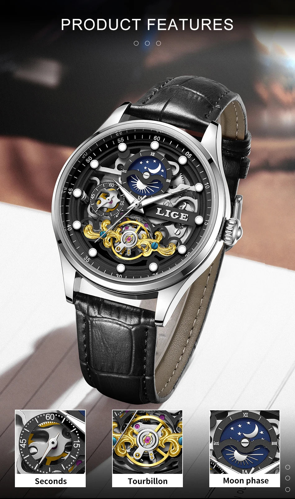 LIGE Men’s Automatic Mechanical Watch – Fashion Waterproof Skeleton Wristwatch - TREASURE ESHOP