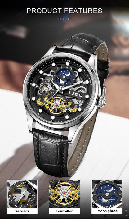LIGE Men’s Automatic Mechanical Watch – Fashion Waterproof Skeleton Wristwatch - TREASURE ESHOP
