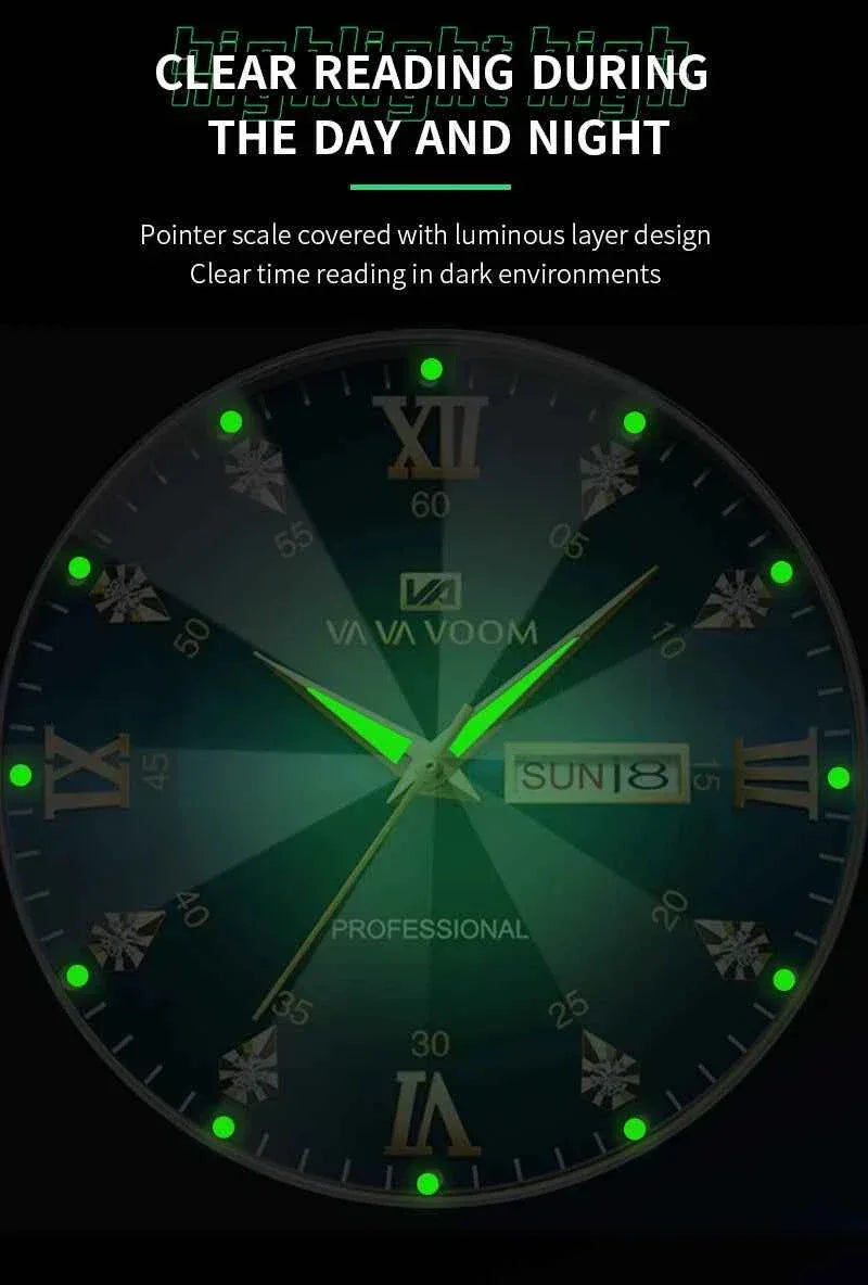 Men’s Water Diamond Luxury Quartz Watch – 41mm Blue Gold Stainless Steel, Night Glow, Double Calendar, Business Watch