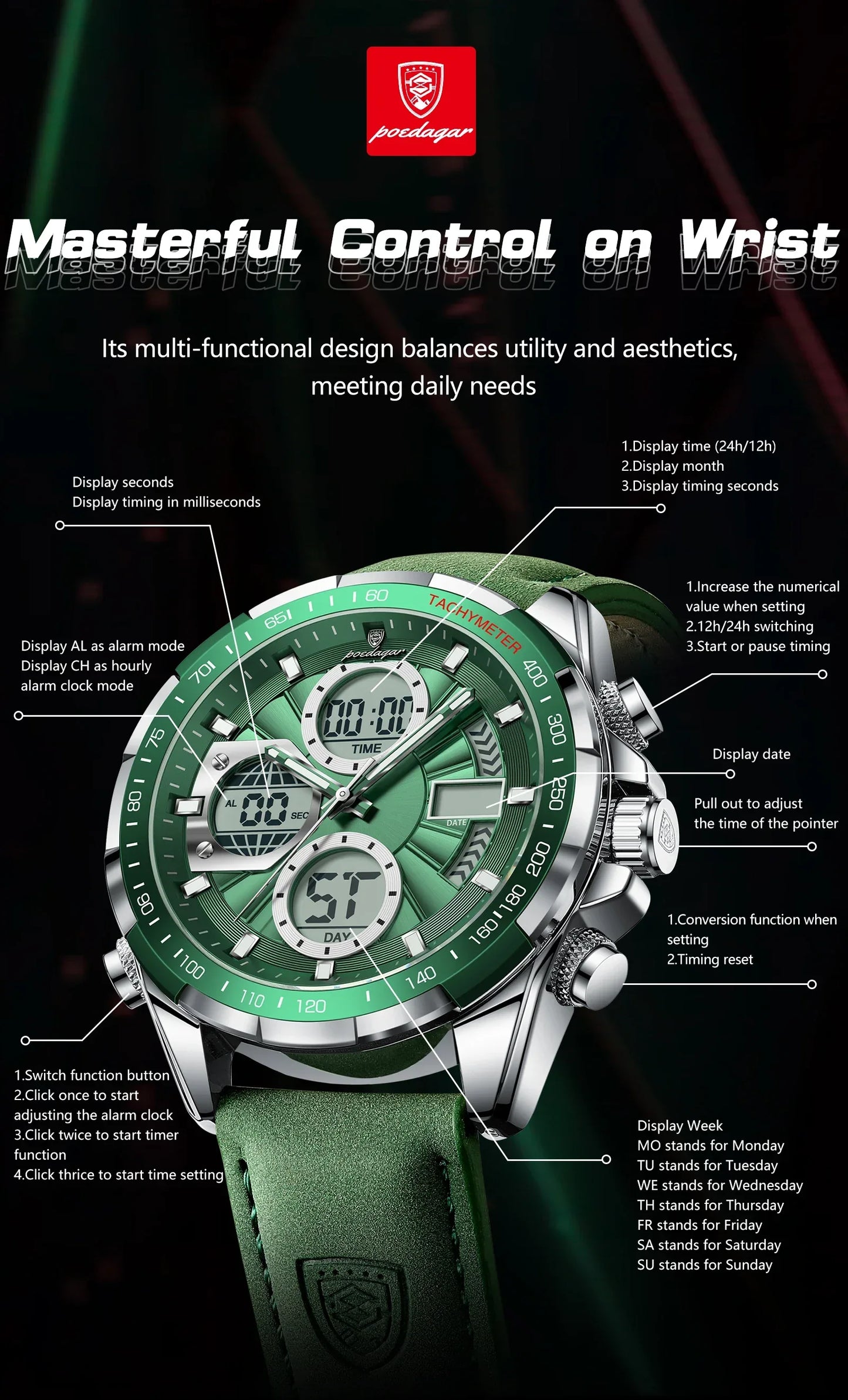 LED Men’s Watch – Luminous Dual Time Display with Alarm Chronograph - TREASURE ESHOP