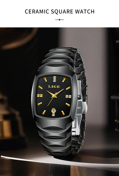 LIGE Luxury Ladies Waterproof Ceramic Watch – Elegant Quartz Wristwatch with Square - TREASURE ESHOP