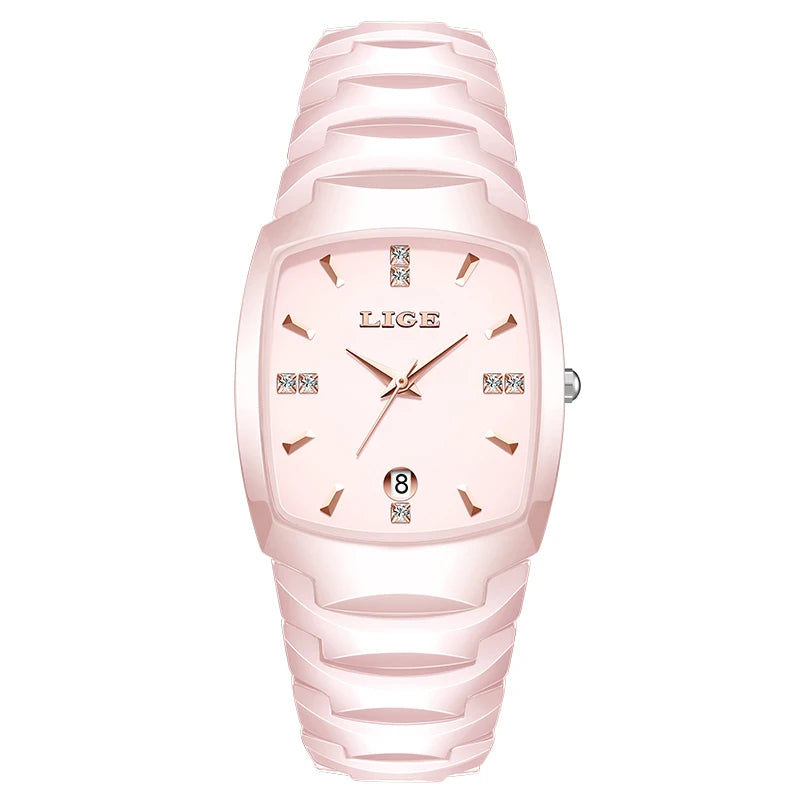 LIGE Luxury Ladies Waterproof Ceramic Watch – Elegant Quartz Wristwatch with Square - TREASURE ESHOP