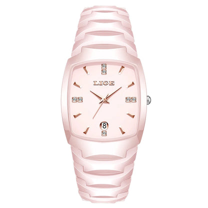 LIGE Luxury Ladies Waterproof Ceramic Watch – Elegant Quartz Wristwatch with Square - TREASURE ESHOP