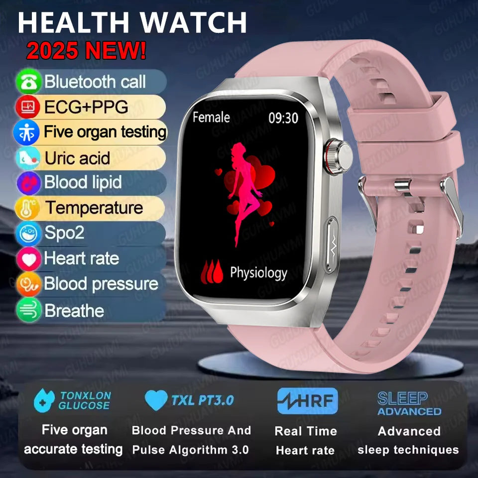Smartwatch with pink band displaying health monitoring features on a dark background