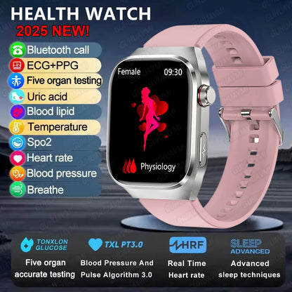 Smartwatch with pink band displaying health monitoring features on a dark background