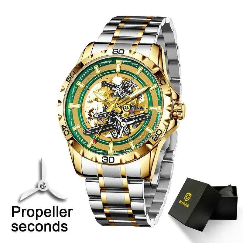 Men Watches Pilot Series Propeller Rotation Hollow Automatic Mechanical Watches waterproof Stainless Steel Watch