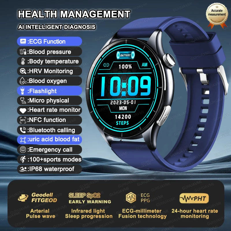 ECG+PPG Smartwatch with Uric Acid, Body Fat Blood Pressure Monitoring – 1.56” AMOLED, NFC, Heart Health Tracker for Android IOS - TREASURE ESHOP