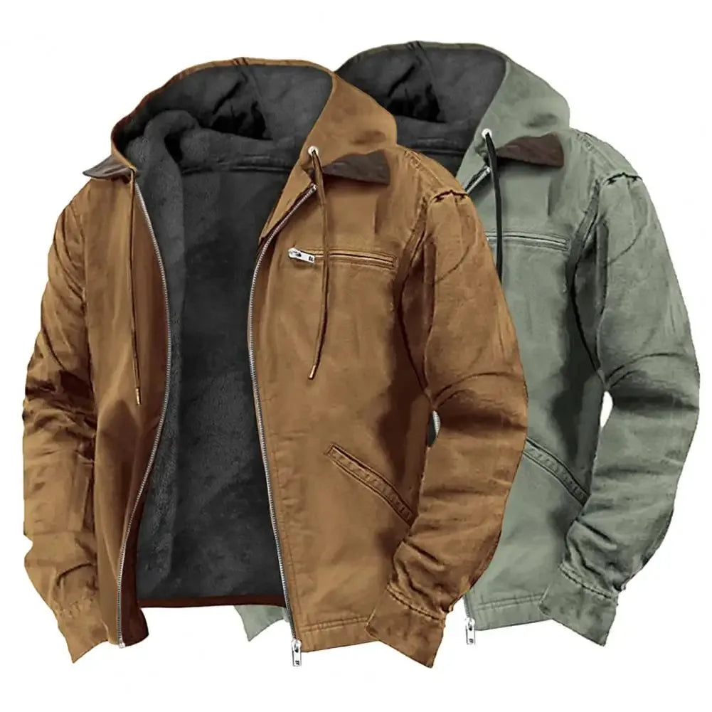 Men’s Hooded Winter Jacket with Plush Lining – Casual Zipper Coat with Multiple Pockets - TREASURE ESHOP