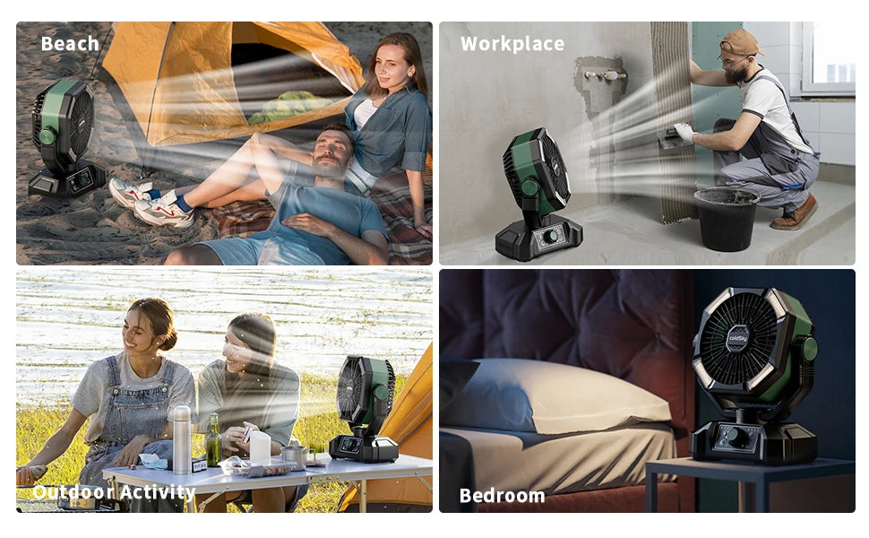 Tragbarer Campingventilator mit 20.000-mAh-Akku, LED-Leuchten und Fernbedienung, aufgehängt im Zelt