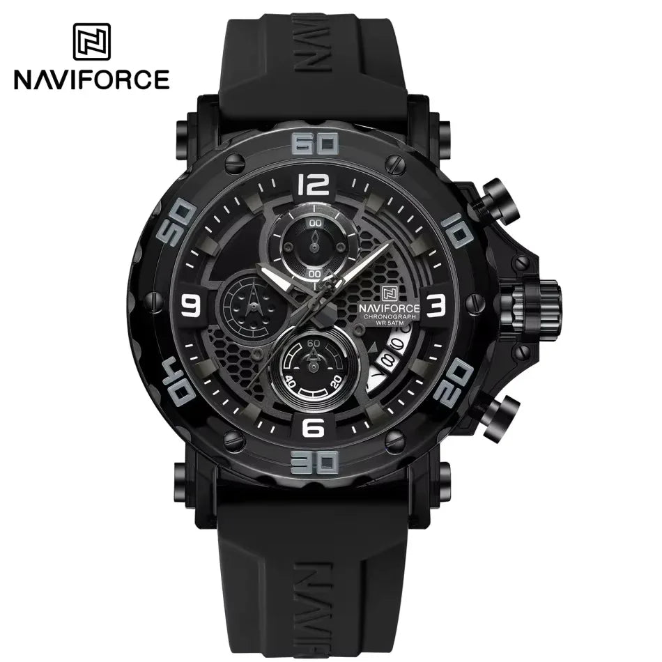 Black Naviforce watch with detailed face on a white background