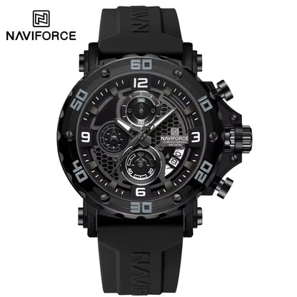 Black Naviforce watch with detailed face on a white background