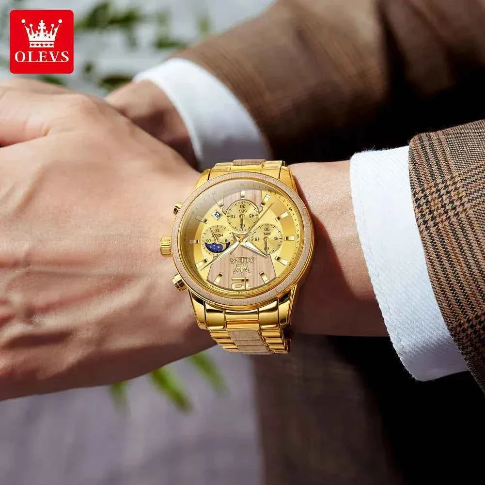 Mens Watch Top Brand Business Original Quartz Watch Solid Wood Multifunctional Chronograph Watch