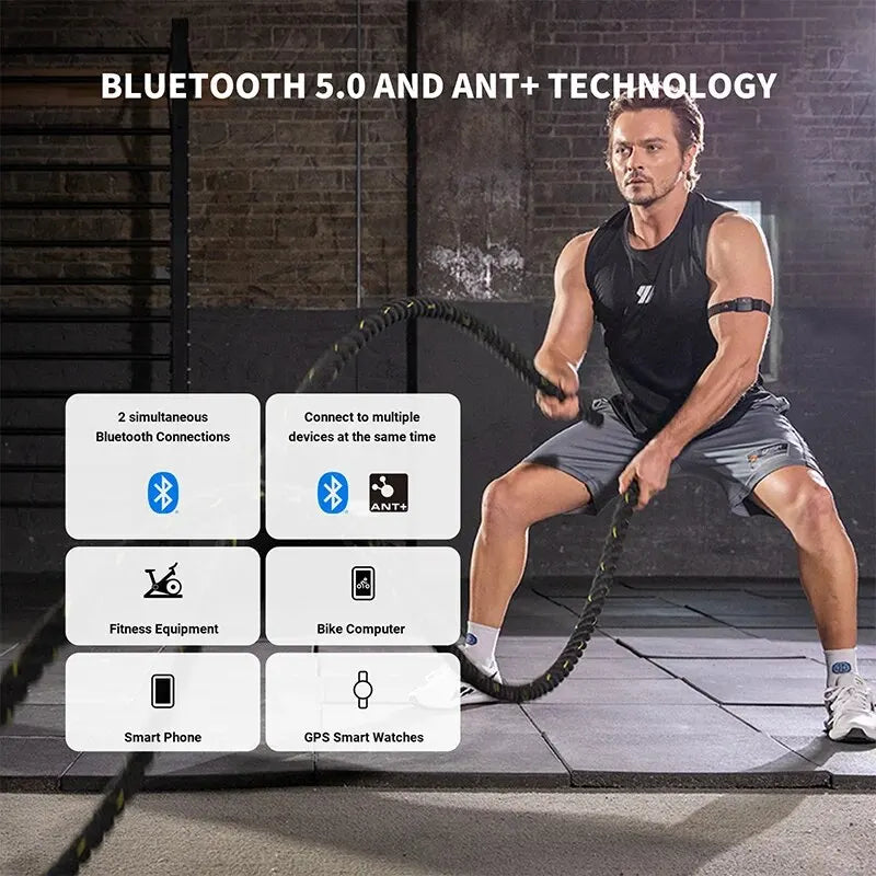 Man using resistance bands with fitness technology features displayed on screen