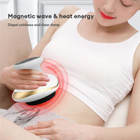 Person using a device emitting magnetic wave and heat energy on their abdomen.