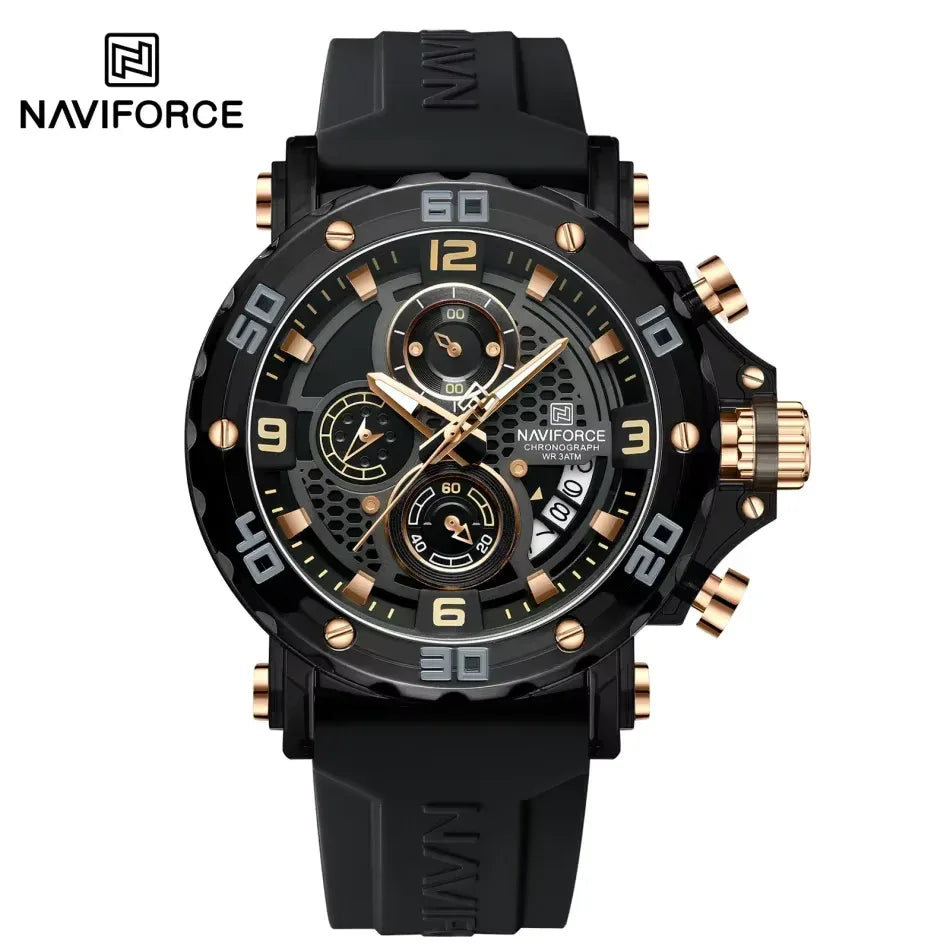 Naviforce watch with black and rose gold design on a white background