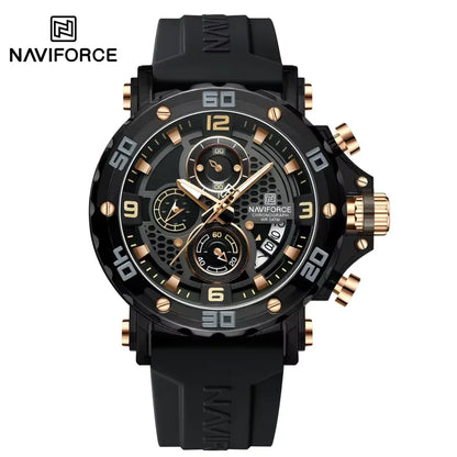 Naviforce watch with black and rose gold design on a white background
