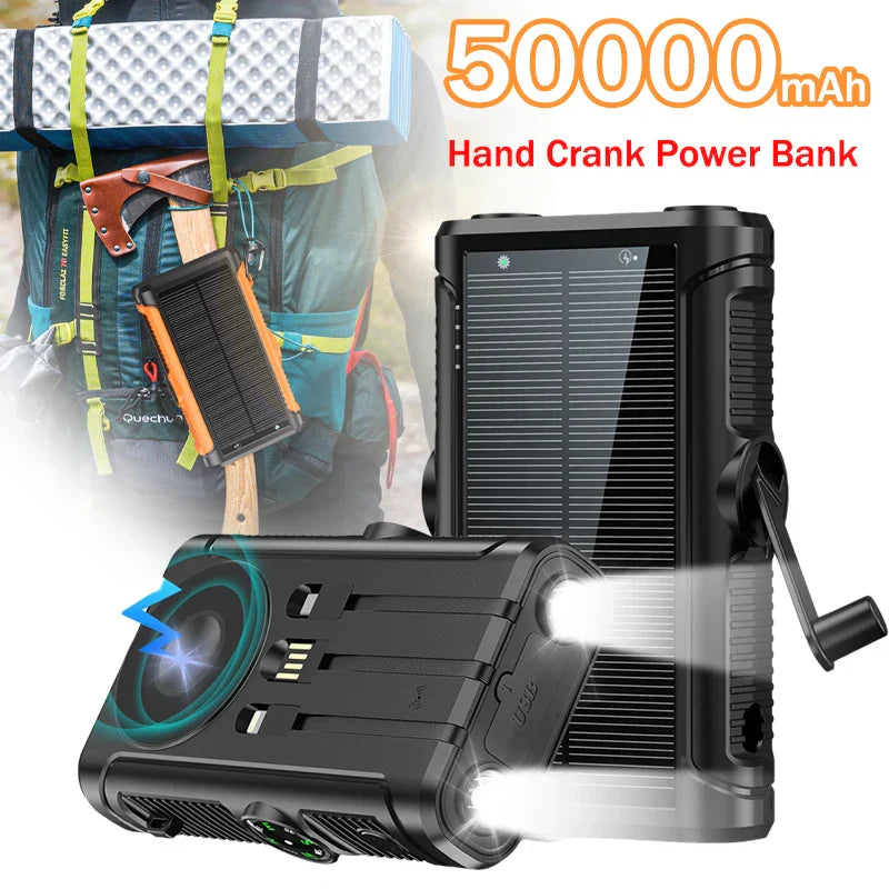 Solar Power Bank 20000mAh with Hand Crank & Wireless Charging – Outdoor Portable Charger