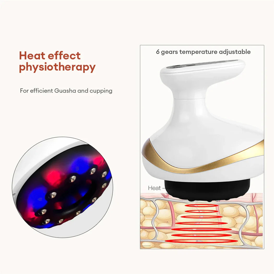 Heat effect physiotherapy device with temperature adjustment feature, showing LED lights and anatomical illustration.