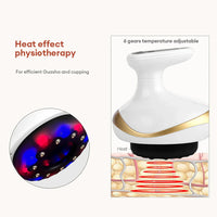 Heat effect physiotherapy device with temperature adjustment feature, showing LED lights and anatomical illustration.