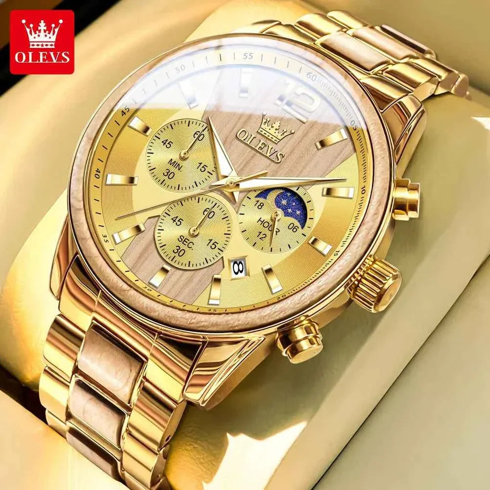 Mens Watch Top Brand Business Original Quartz Watch Solid Wood Multifunctional Chronograph Watch