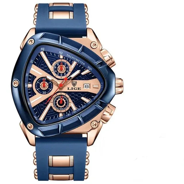 Luxury watch with blue strap and rose gold casing on a white background