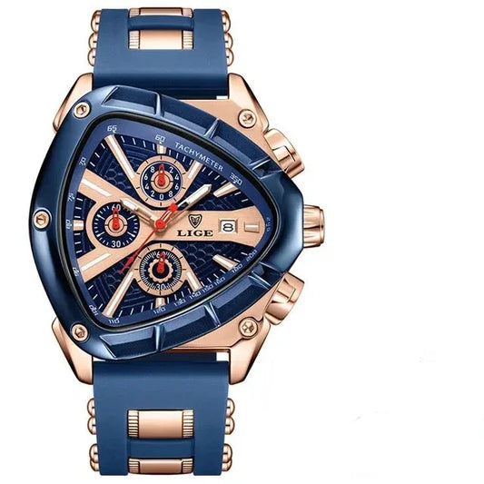 Luxury watch with blue strap and rose gold casing on a white background