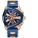 Luxury watch with blue strap and rose gold casing on a white background