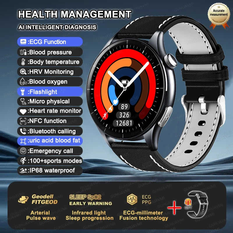 ECG+PPG Smartwatch with Uric Acid, Body Fat Blood Pressure Monitoring – 1.56” AMOLED, NFC, Heart Health Tracker for Android IOS - TREASURE ESHOP