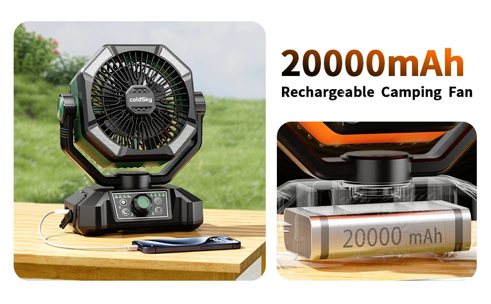 Tragbarer Campingventilator mit 20.000-mAh-Akku, LED-Leuchten und Fernbedienung, aufgehängt im Zelt
