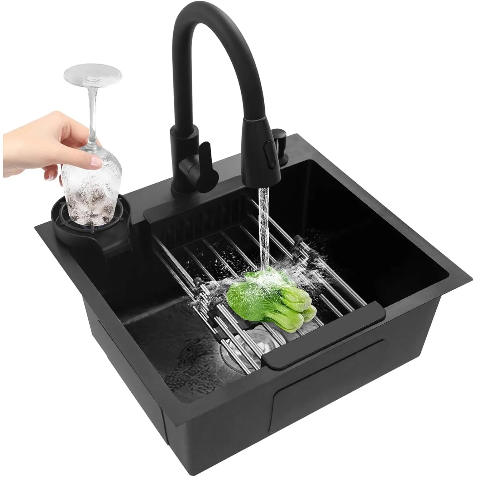 Black Stainless Steel Kitchen Sink 50×45cm with Pull-Out Tap - TREASURE ESHOP