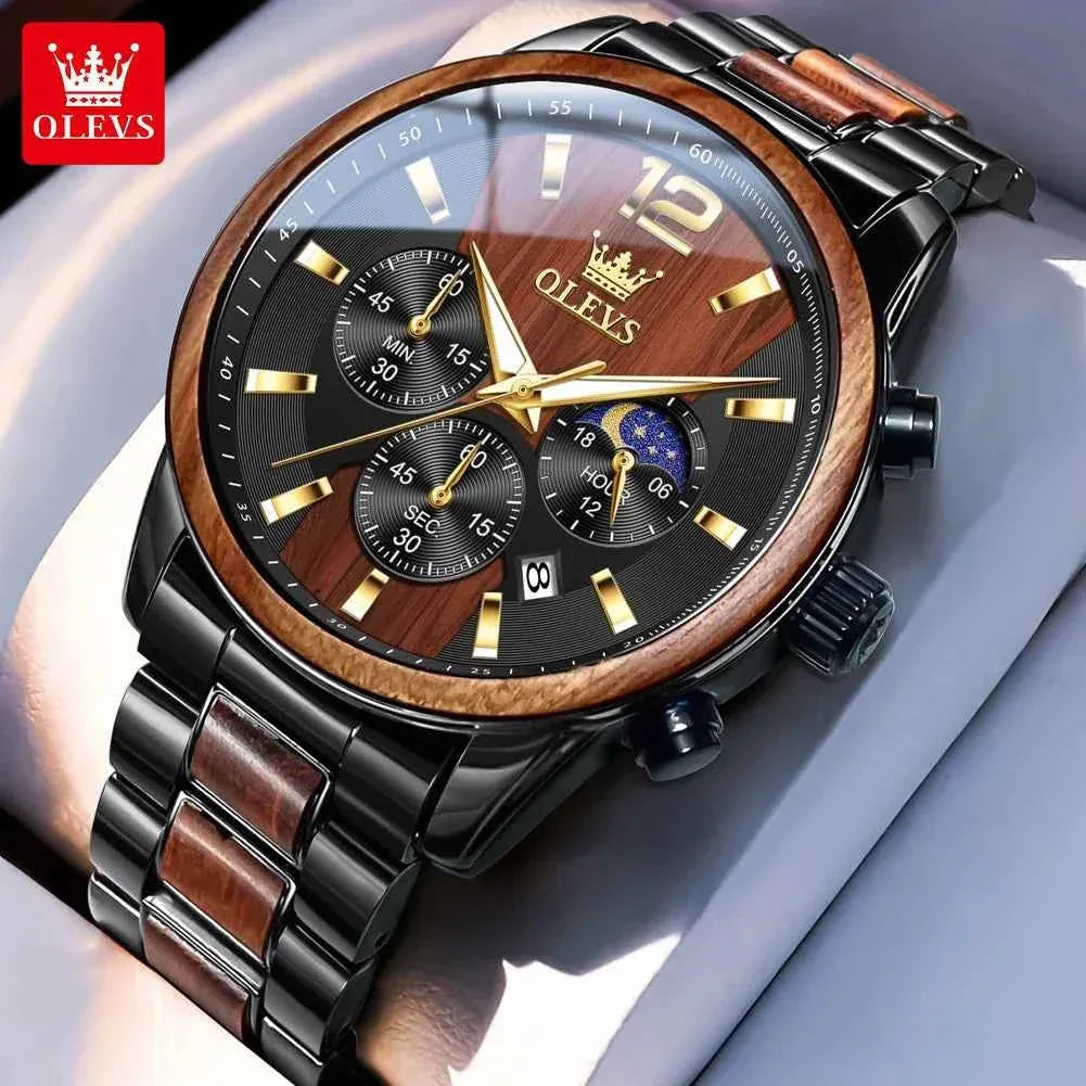 Mens Watch Top Brand Business Original Quartz Watch Solid Wood Multifunctional Chronograph Watch