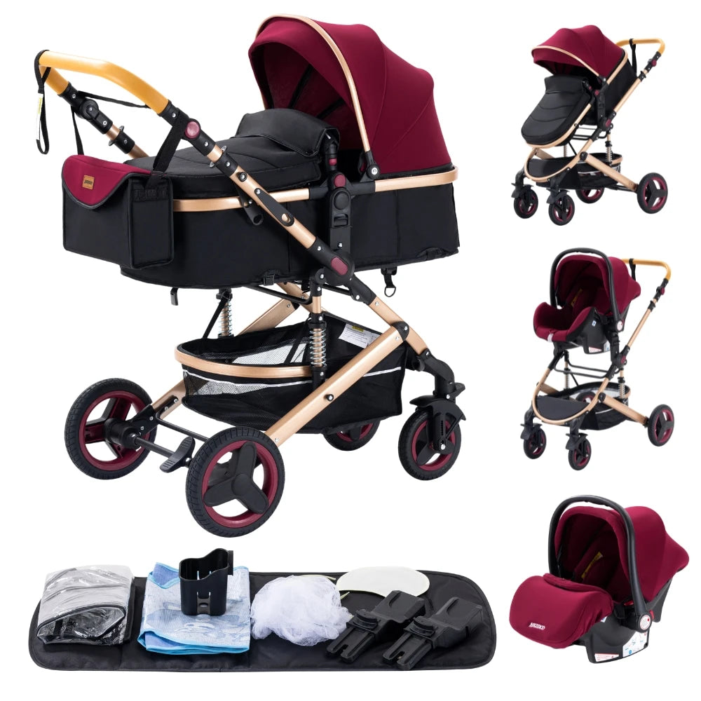 3-in-1 Luxury High-Landscape Baby Stroller – Portable Travel System with Aluminum Frame & Newborn Bassinet