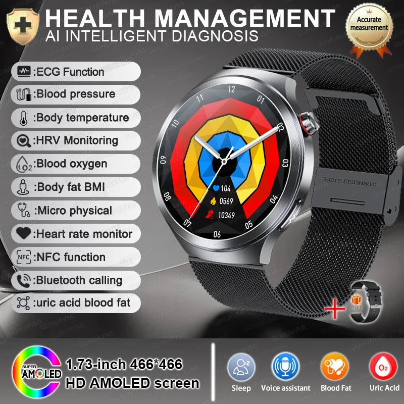 Health Trackr Smartwatch – Uric Acid, Blood Lipids ECG+PPG | 1.73” AMOLED | Body Analysis &amp; AI Diagnosis - TREASURE ESHOP