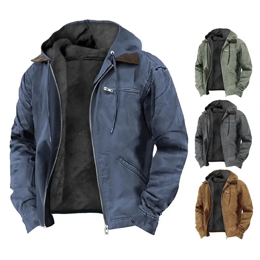 Men’s Hooded Winter Jacket with Plush Lining – Casual Zipper Coat with Multiple Pockets - TREASURE ESHOP