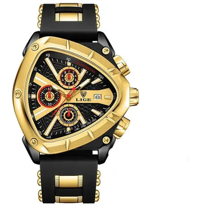 Gold and black watch with detailed face on a white background