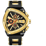 Gold and black watch with detailed face on a white background