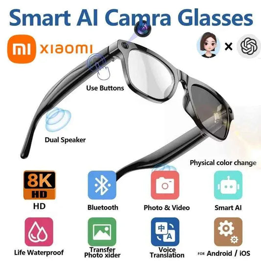 Smart Glasses AI Multifunctional 8K Camera Bluetooth Call Voice Assistant Music Player Translate Photochromic HD Glasses