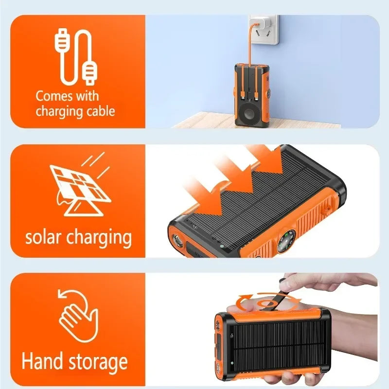 Solar Power Bank 20000mAh with Hand Crank & Wireless Charging – Outdoor Portable Charger