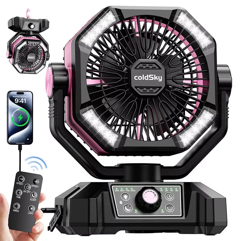 Tragbarer Campingventilator mit 20.000-mAh-Akku, LED-Leuchten und Fernbedienung, aufgehängt im Zelt