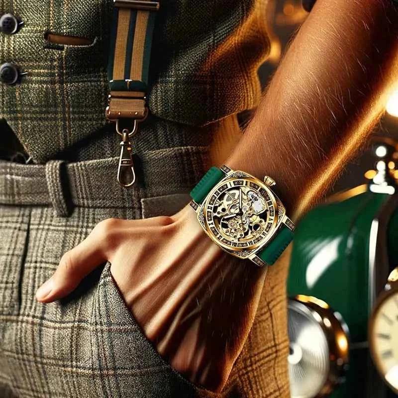 MEN'S Gold Carved Hollow Fashionable Retro Luminous Business and Leisure Fully Automatic Mechanical Watch