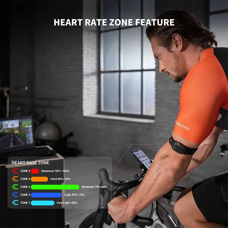 Man on a stationary bike with heart rate zone feature display