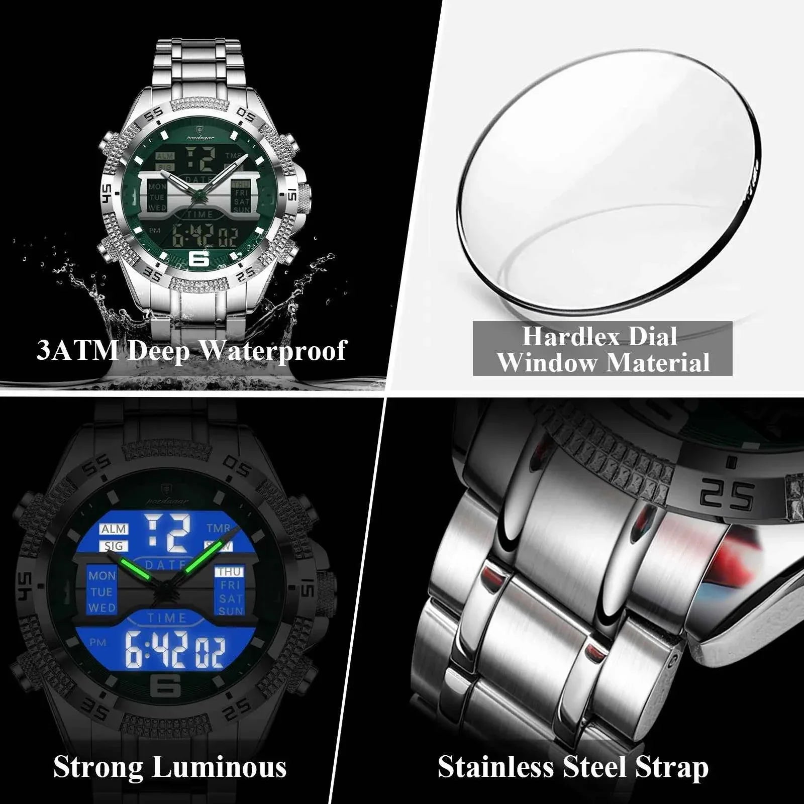 Sports Luxury Man Wristwatch Dual Time Display Digital Week Date LED Luminous Men Watch Electronic Quartz Men's Watches