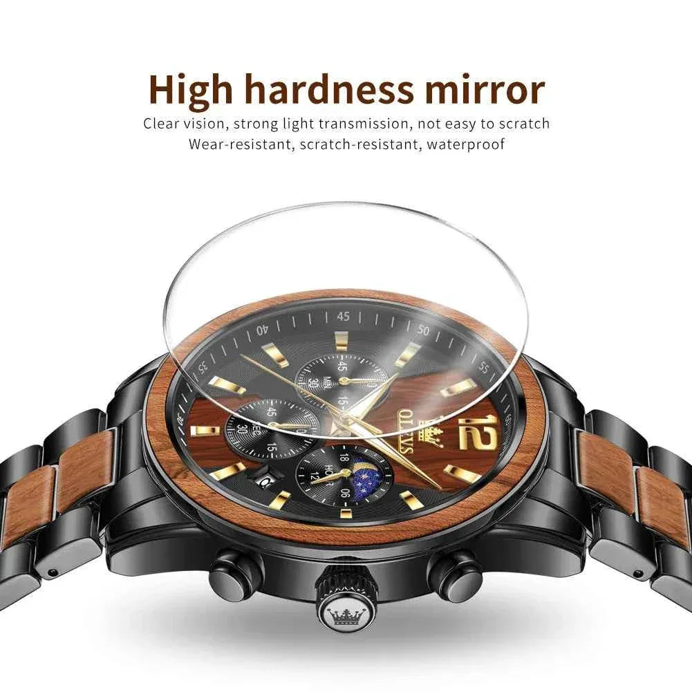 Mens Watch Top Brand Business Original Quartz Watch Solid Wood Multifunctional Chronograph Watch