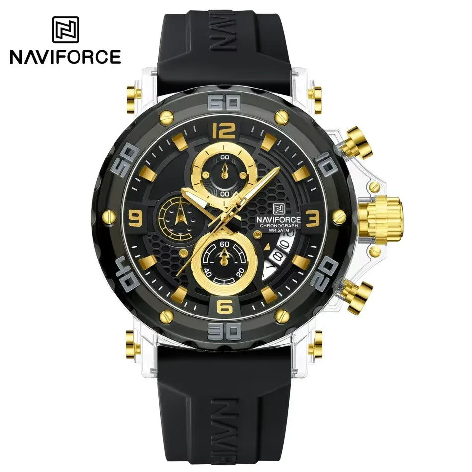 Naviforce watch with black and gold design on a white background