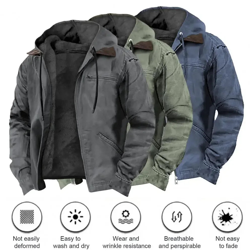 Men’s Hooded Winter Jacket with Plush Lining – Casual Zipper Coat with Multiple Pockets - TREASURE ESHOP
